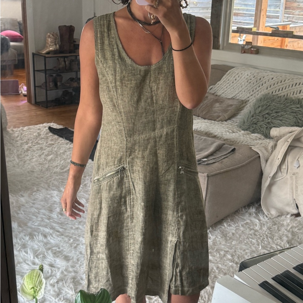 Summer linen Olive Green Sleeveless Dress
